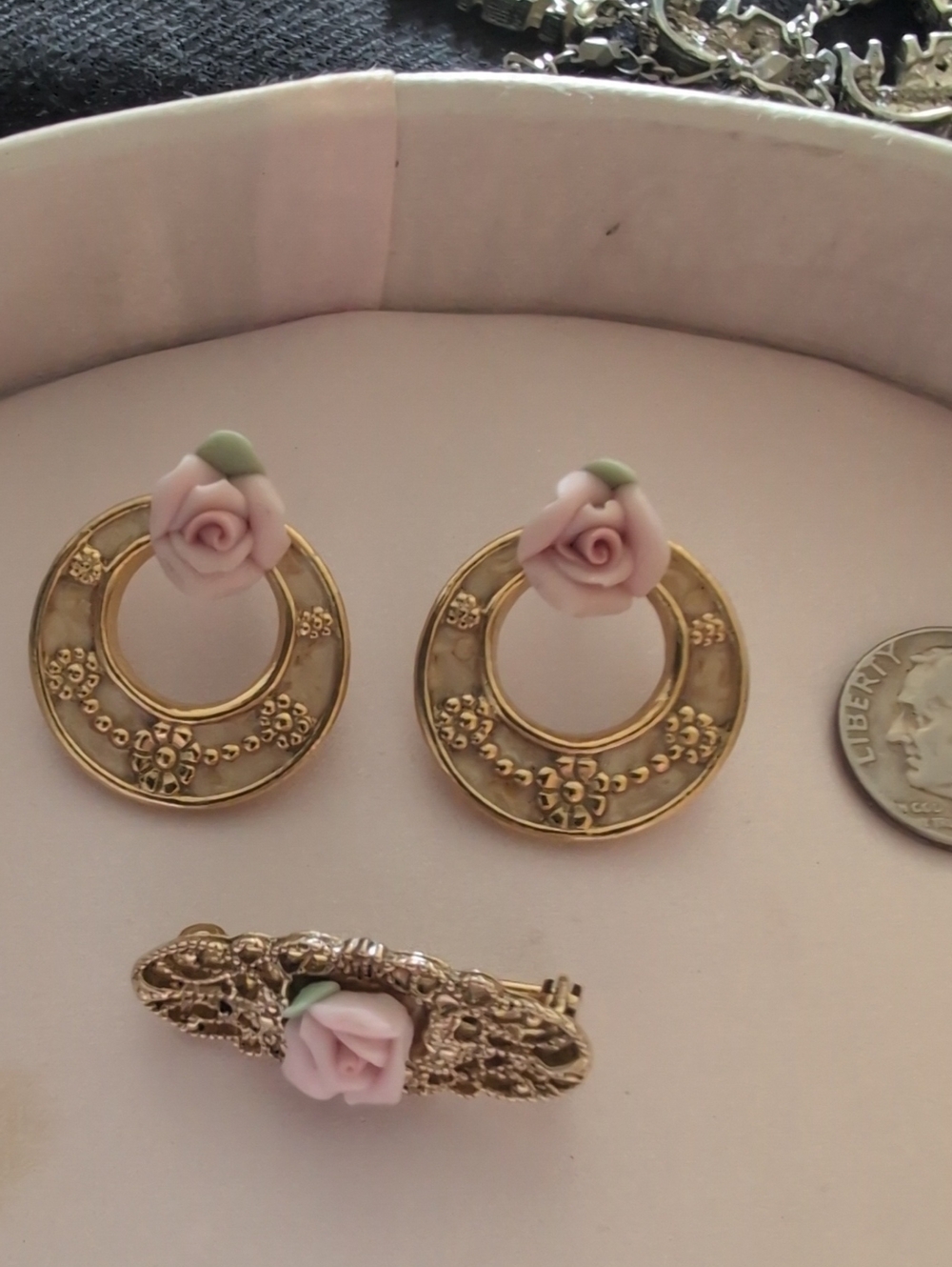 "1928" Vintage Gold-Tone Pink Rose Hoop Earrings and Brooch Set